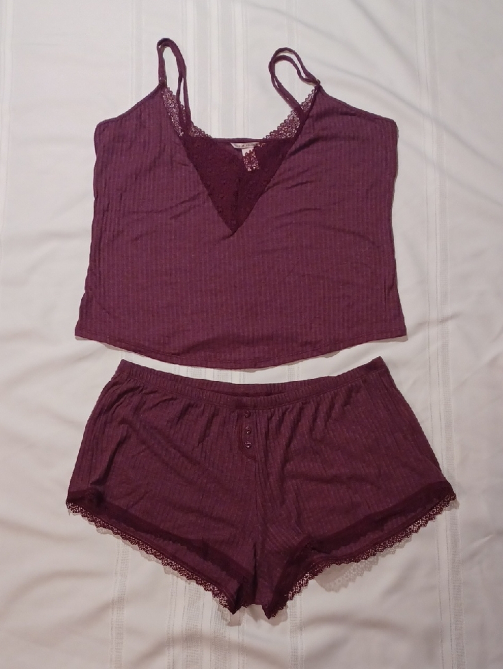 NWOT Victorias Secret  Ribbed Lace Trim Sleep Set - Wine Burgandy
